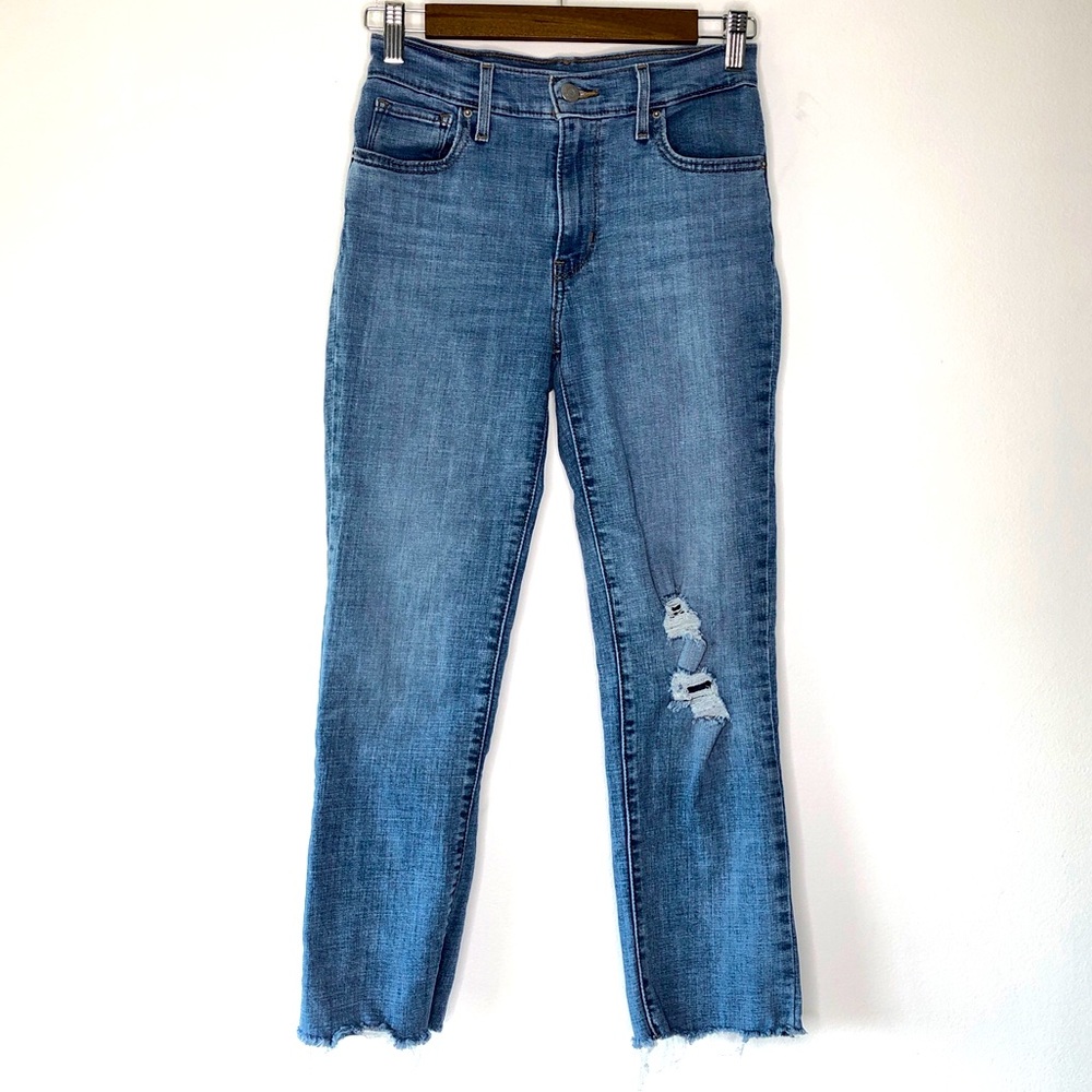 Levi’s 724 High Rise Straight Crop Raw Hem Distressed Jeans